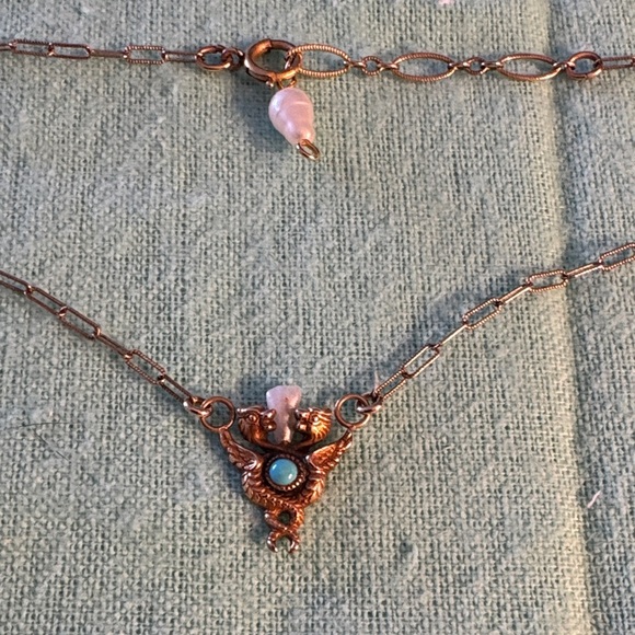 Antique Caduceus Necklace Turquoise Pearl Gold - Picture 2 of 7